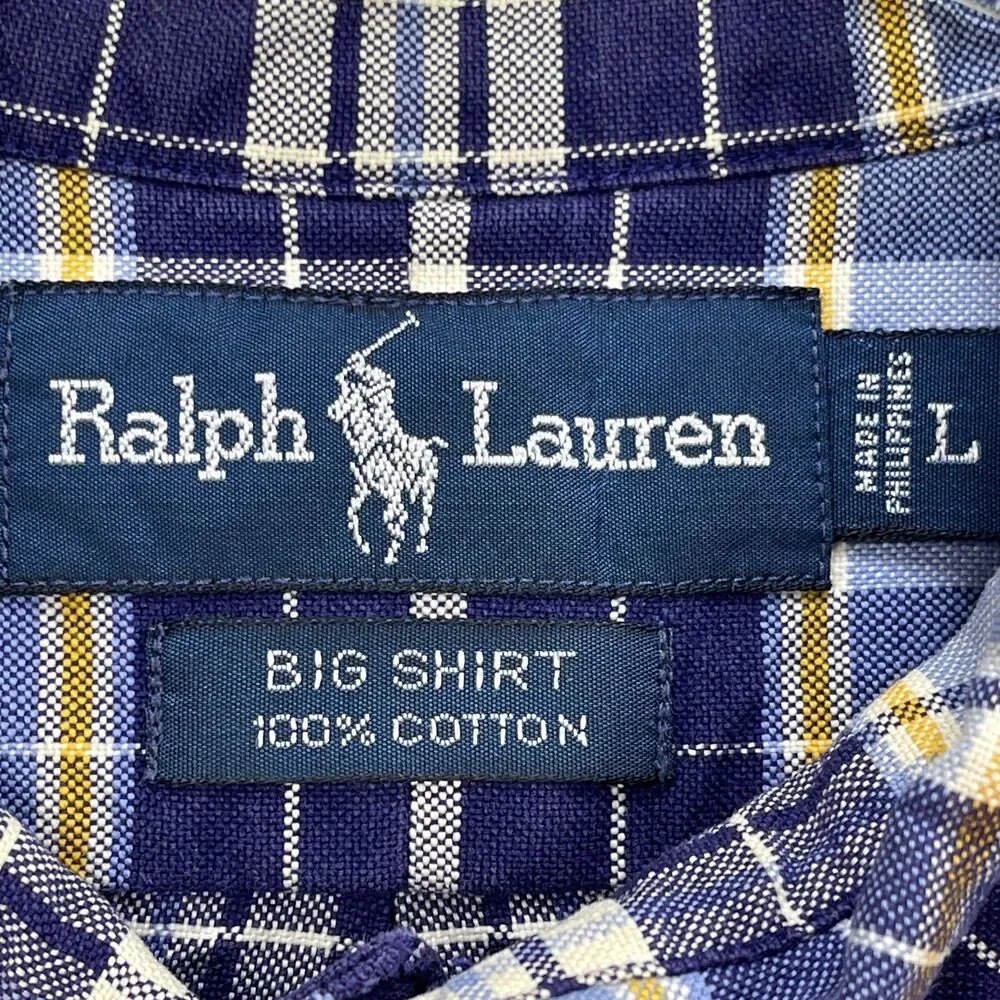 Ralph Lauren Big Shirt Mens Large Blue Plaid Cotton Pony Logo Button-Down‎
